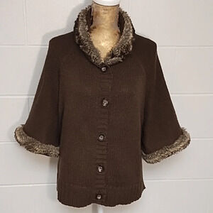 Daisy Fuentes Brown Button-up 3/4 Sleeve Faux Fur Trimmed Cardigan Jacket